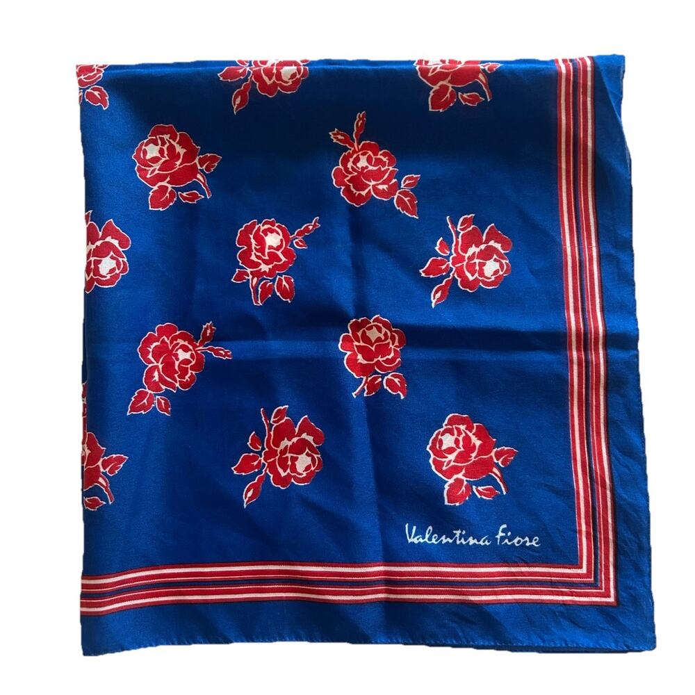 Valentina Fiore Silk Scarf Royal Blue Red Roses 26" Square Stripe Frame Handsewn
